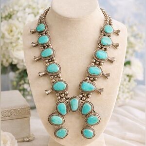 Navajo Style Turquoise Squash Blossom Necklace Heavy 205g 925 Silver Large Naja